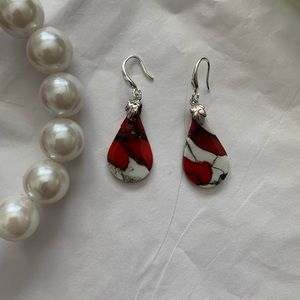 French hook red marble earrings S925 silver hook